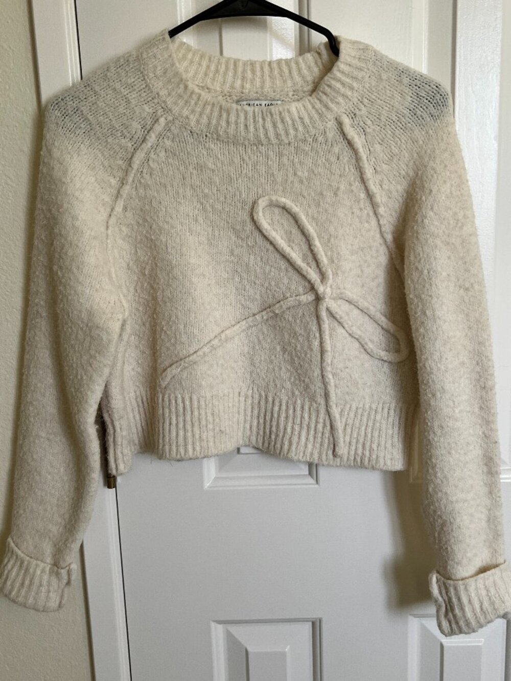 American Eagle Women Cropped Sweater with Bow, White, Size S
